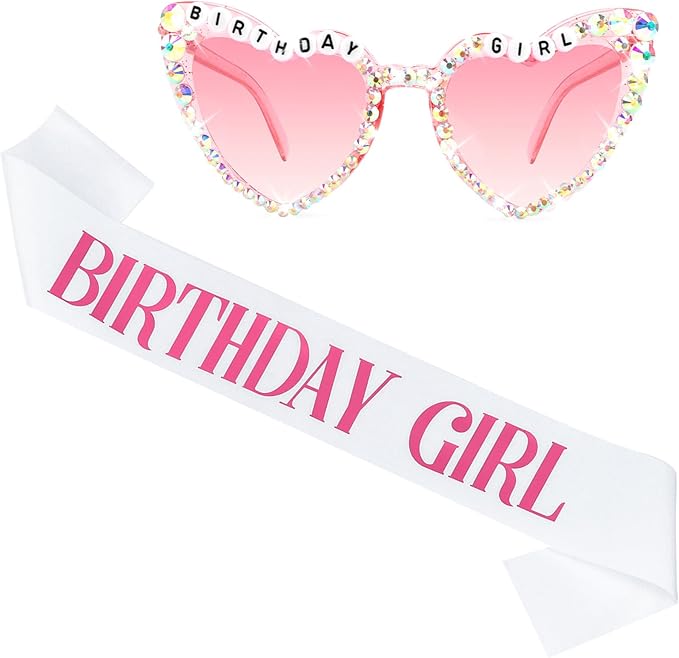 Birthday Girl Sash & Glasses Set, Birthday Sash for Women Girls, White & Pink Happy Birthday Decorations Outfits Accessories Party Favors Set for Women Girls