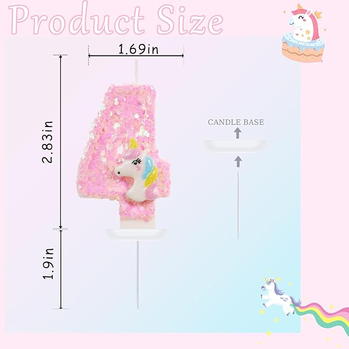 Birthday Candles - Number 4 Candle, 4th Birthday Decorations Girl, Pink Unicorn Candles for Cake Topper, Cartoon Theme Party Supplies