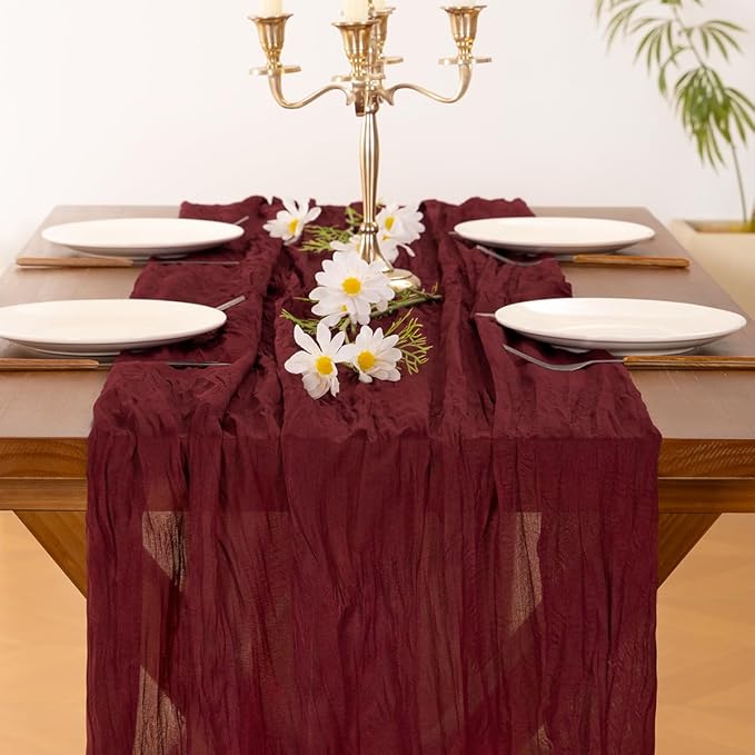 Socomi Burgundy Red Easter Spring Table Runner Cheesecloth Boho Rustic Gauze 120 inch 10FT Cheese Cloth Runner for Wedding Party Baby Shower Birthday Home Decor Holiday Decorations
