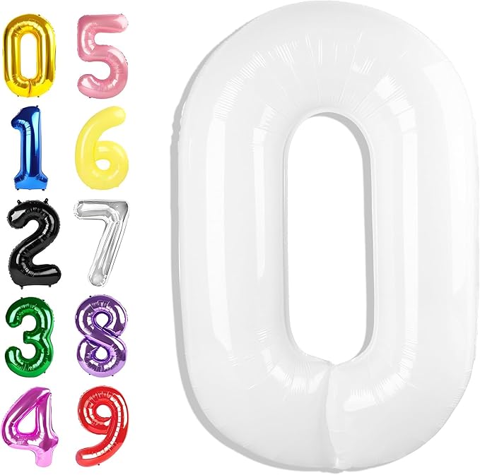 40 Inch Numbers Balloon, White Balloons for Birthday Party Decoration, Foil Number 0 Ballon for 0, 10, 20, 100, 2026 Celebration, Birthday, Baby Shower, Anniversary Decor