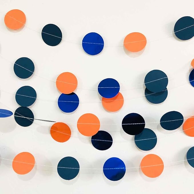 We Moment 50ft Glitter Navy Blue Orange Party Decorations Paper Circle Dot Garland Backdrop Paper Polka Dot Hanging Decor for Wedding Birthday Baby Shower Bridal Shower Graduate