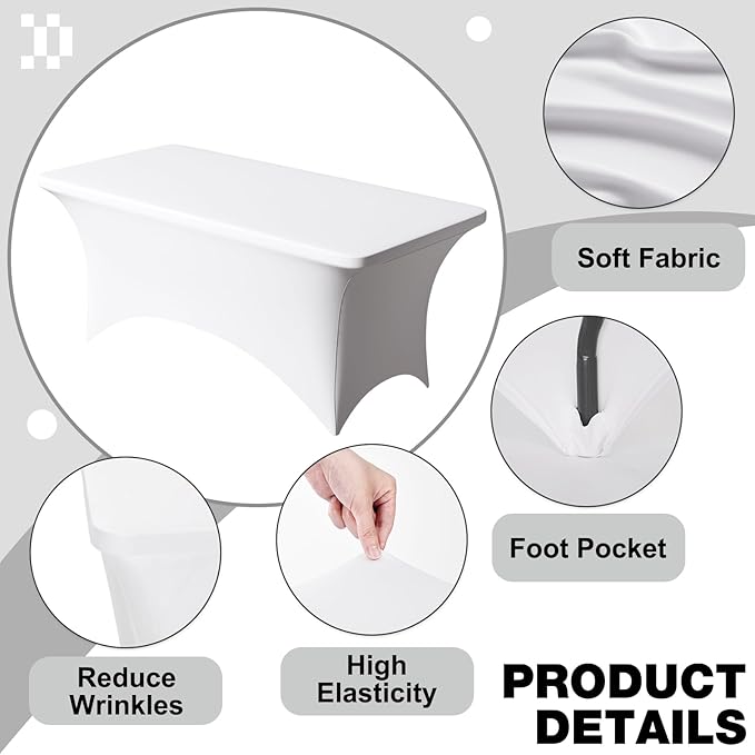 Trlyc 6 Pack 6FT Spandex Table Cloth - 72 x 30 Inch Rectangular Stretch Tablecloth, Wrinkle Resistant Scretch Table Cover for Wedding, Party, Banquet, Picnic, Outdoor Decoration (6Pcs,White)