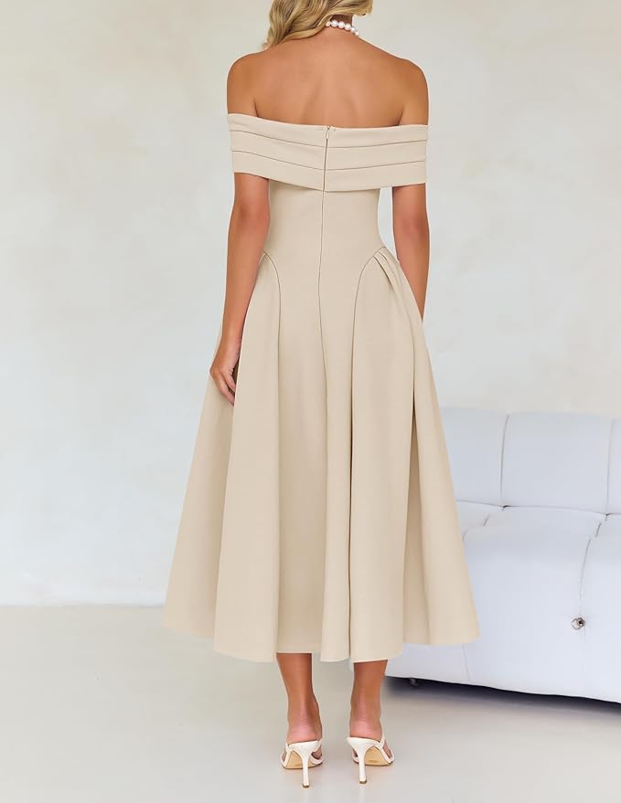 ZESICA Summer 2026 Cocktail Dresses for Women's Off Shoulder Short Sleeve Swing A Line Wedding Evening Party Midi Dress