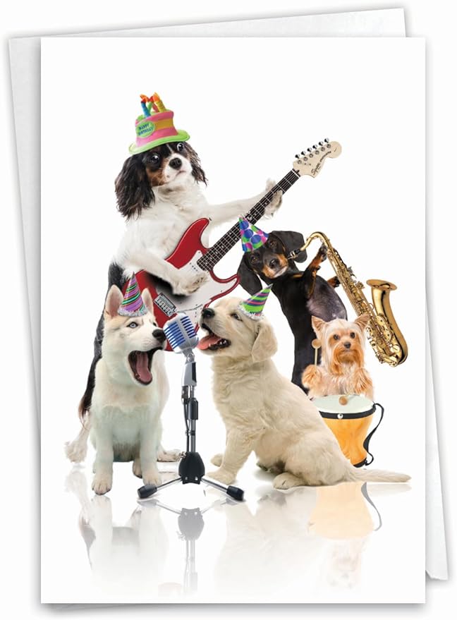 NobleWorks - Birthday Greeting Card with 5 x 7 Inch Envelope (1 Card), Fun Animal Bday Celebration - Animal Bands - Dogs C9508FBDG
