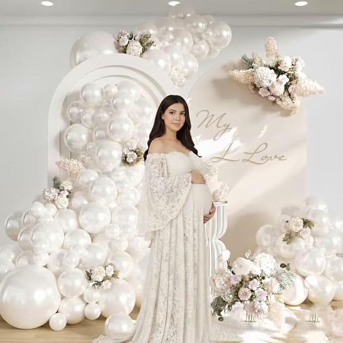 Pearl White Balloon Arch Kit - 144Pcs Different Sizes Double Stuffed Pearl Sand White Balloons and Pearl Stickers Garland Kit for Wedding Bridal Shower Engagement Birthday Party Decorations
