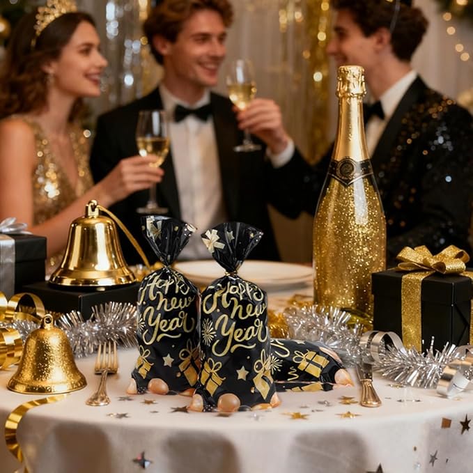 Happy New Year Cellophane Treat Bags, 200 PCS New Years Candy Goodie Gift Bags for Party Favors, Black Gold Plastic Cookie Snack Bag with Twist Ties for 2026 NYE Eve Party Holiday Decorations Supplies