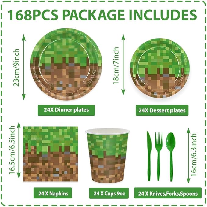 168pcs Green Birthday Party Decorations Green Plates Napkins Party Supplies Disposable Paper Cups Tableware Set for Boys Kid Teen Birthday Decor Serves 24