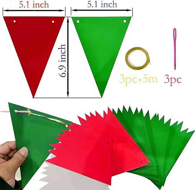 Red White and Green Pennant Banner Christmas Paper Triangle Flag Hanging Decoration for Wedding Birthday Baby Shower Family Party（36pcs Triangle Flag）
