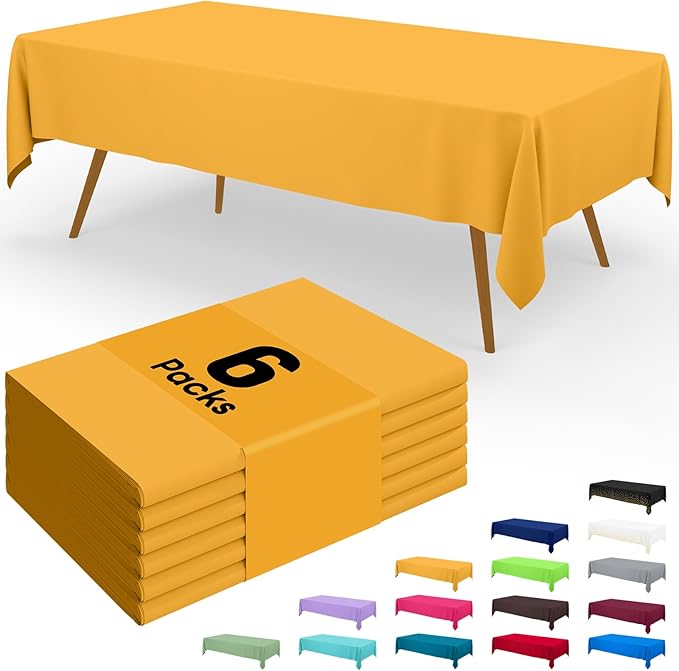 Smiry Disposable Table Cloth - 6 Pack, 54 x 108 Inch Waterproof Rectangle Tablecloths for Parties, Decorative Plastic Table Cover, Leakproof & Sturdy, Mustard Yellow
