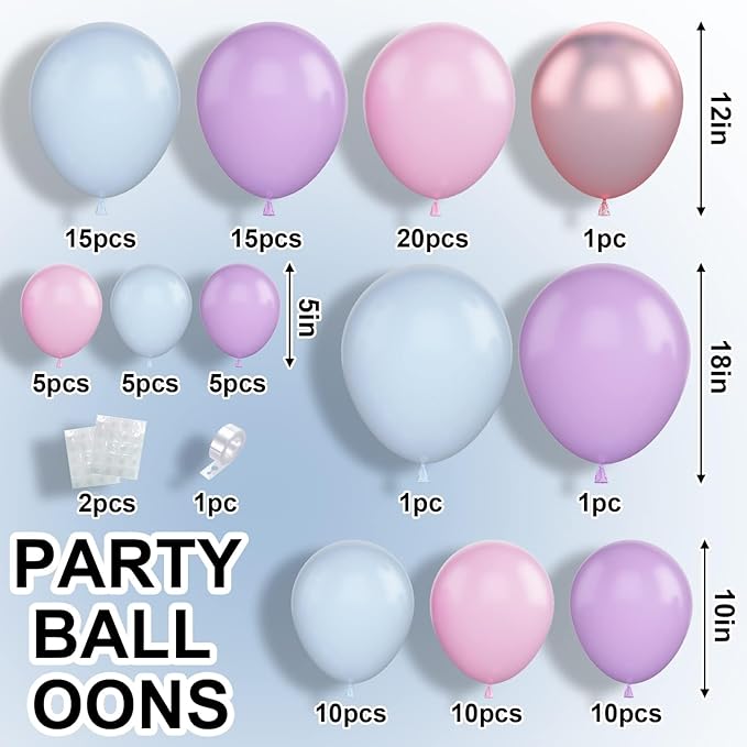 Pink Blue Balloon Arch Kit with Macaron Purple, Blue & Purple Party Balloons for Birthday, Wedding, Baby Shower Decorations