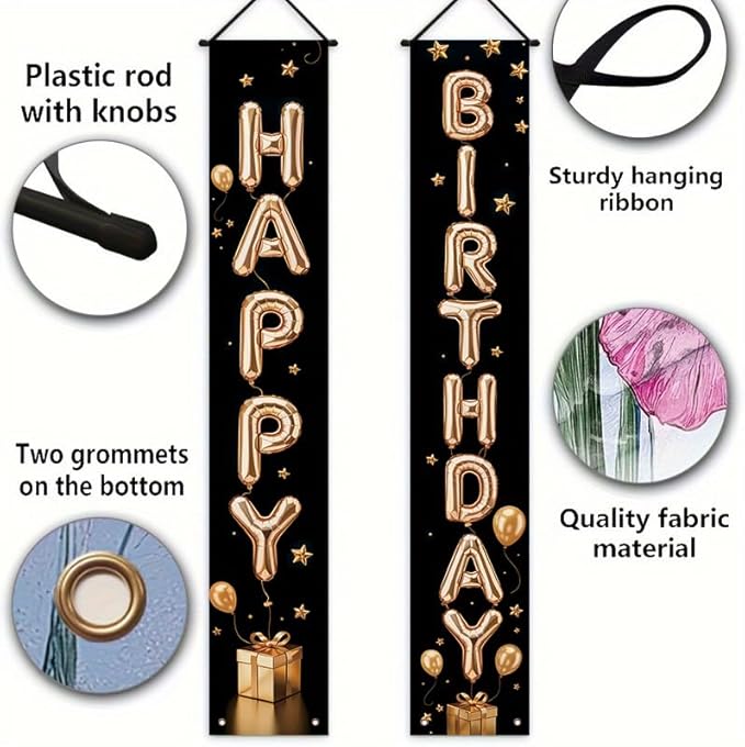 Birthday Decor Banner 12x71 Inches, Happy Birthday Door Hanging Sign, Black and Gold Party Decorations for Indoor Outdoor Celebration