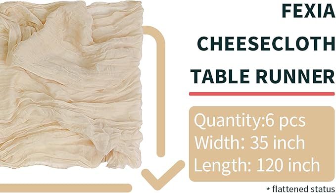 FEXIA 6 Pack Beige Gauze Table Runner 35x120 Inches for Centerpiece Table Decorations Ivory Cheesecloth Rustic Boho Table Runner for Bridal Shower Wedding Party First Communion Centerpiece Engagement