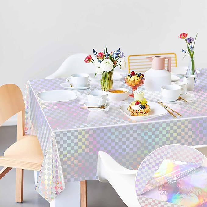 2 Pack White and Iridescent Checkered Tablecloth Shiny Disposable Holographic Foil Table Cloth Plastic Laser Rectangle Table Cover for Picnic Birthday Party Race Car Tablecloth