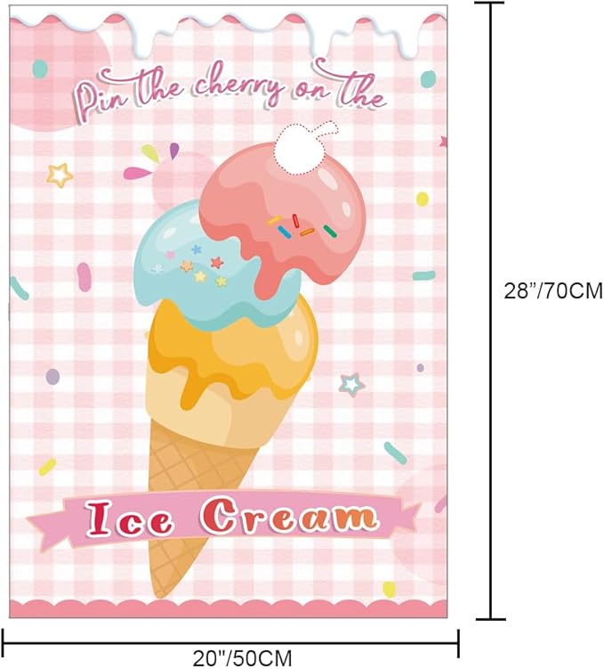 T-Antrix Pin The Cherry on The Ice Cream Game -Ice Cream Party Game with 21'' x 28'' Poster, Reusable Cherry Sticker Carnival Party Supplies Kids Birthday Party Favor Sets