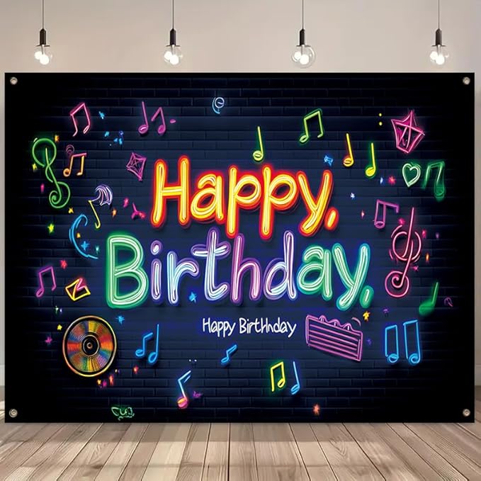 large 71x43 inch neon effect birthday porch banner suitable for indoor/outdoor birthday party decoration, with colorful music symbols, waterproof fabric suitable for terrace, courtyard, home and event decoration