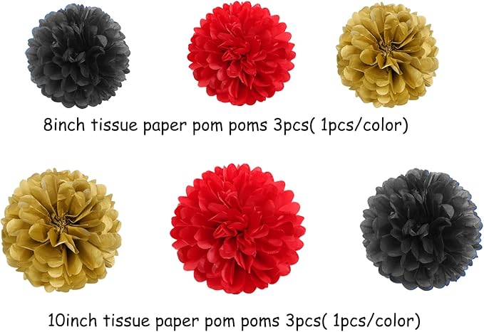Red Black-Gold Party-Decoration Graduation Banner - 8pcs Kits Cap Garland Streamers, Paper Tissue Pom Poms Flowers, 2025 Craduate Banner Congratulations Grad Decor Lasting Surprise