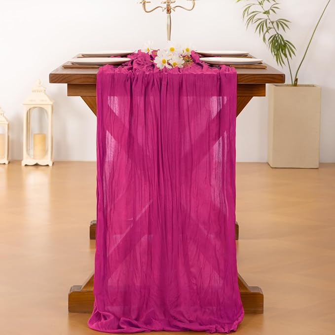 Socomi 10pcs Fuschia Cheesecloth Table Runner Boho Rustic Gauze 120 inch 10FT Cheese Cloth Runner for Wedding Party Baby Shower Birthday Home Decor Holiday Decorations
