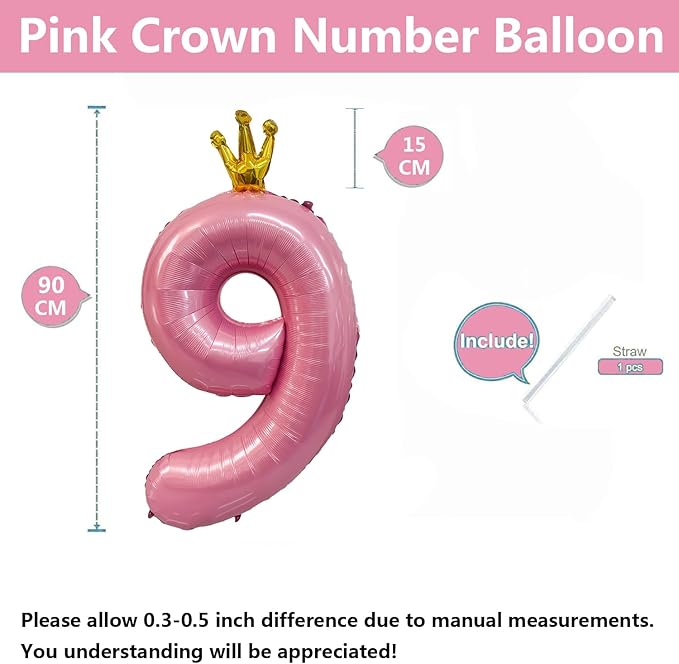 40 inch Pink Number 9 Balloon with Crown, Pink Crown Balloons 0-9 for 9th Birthday Party Anniversary Decorations Supplies