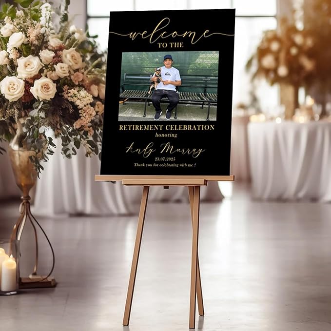 Custom Modern Retirement Party Welcome Sign, Black and Gold Minimal with Photo Retirement Celebration Yard Sign, Retired Party Decor, Customizable Name & Date - Multiple Sizes