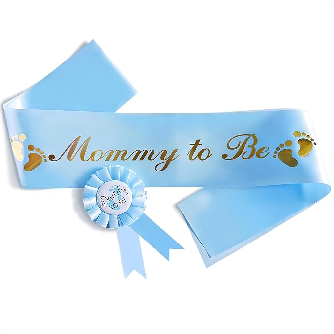 Baby Shower Sash for Mommy - Blue Glossy Satin with Gold Glitz Letters Mom to Be Baby Shower Decorations Boy for Cute Appearance - Mommy to Be Sash with Dad to Be Pin, Gender Reveal Party Gifts