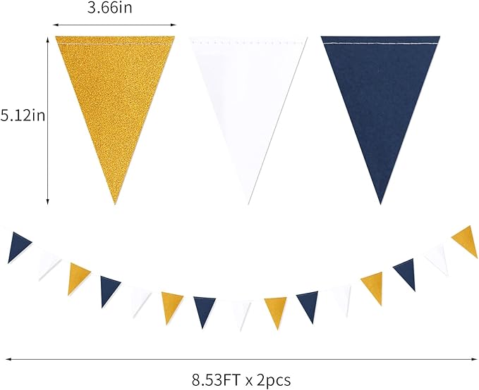 Navy-Blue White-Gold Party Decorations Banner - 2 Pack Men Birthday Graduation 2026 Glitter Sprinkles Paper Pennant Triangle Flags, Fathers Day Wedding Baby Bridal Shower Bunting Lasting Surprise