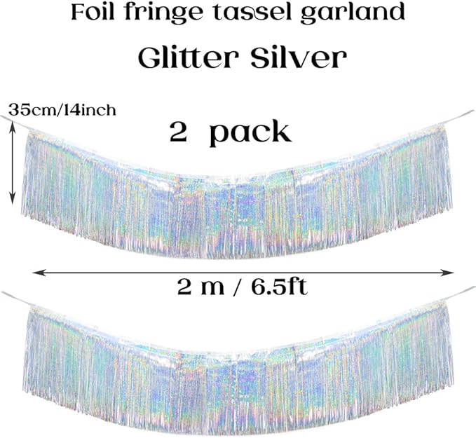 Premium Glitter Silver Fringe Tinsel Garland for Party Decorations -4 Layers Thick, 2 Pack | LILF Foil Metallic Banner Party Streamers for Wedding Birthday Christmas Decoration Home Hanging