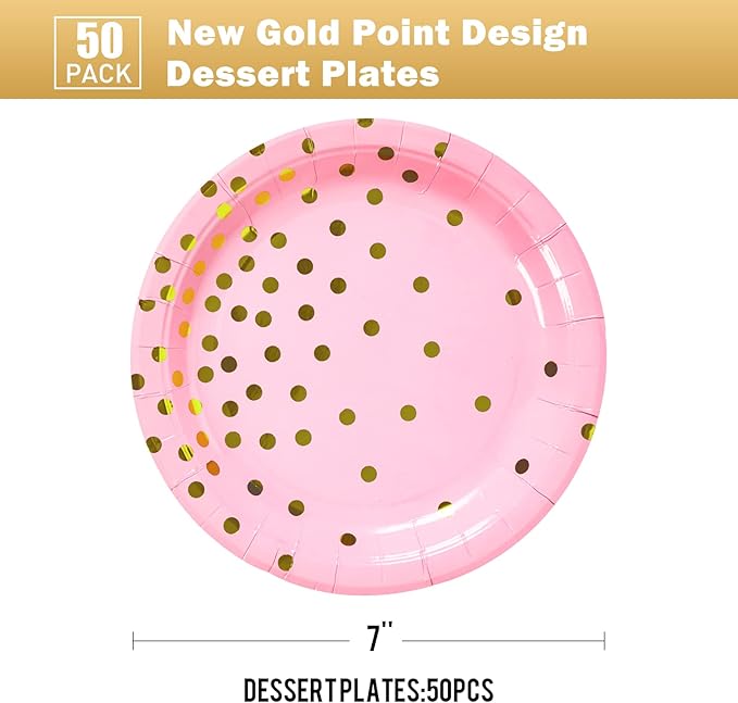 Pink and Gold Party Supplies, Pink Paper Dessert Plates (50-Count)