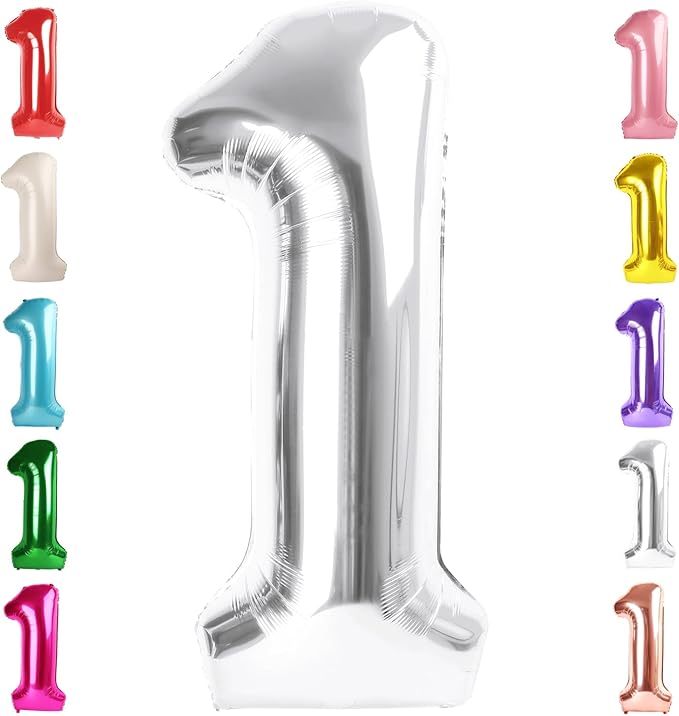 Number Balloons 1, 40 Inch One Balloons for 1st Birthday Girl Boy 1 11 21 Party Decorations Baby Shower Photo Shoot, Silver 1 Balloon