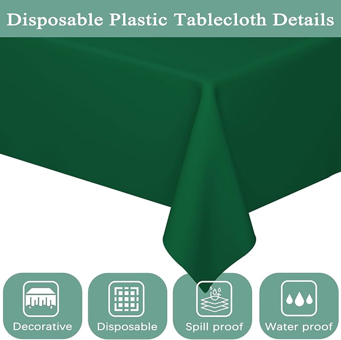 WNINK 2 Pack Dark Green Plastic Tablecloth Disposable Table Covers 54" x 108" Table Cloths for Bridal Shower Engagement Wedding Birthday Picnic Plastic Table Cloths for Parties