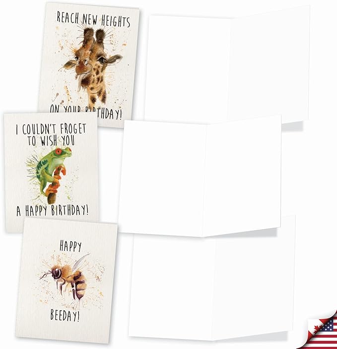 The Best Card Company - 10 Blank Happy Birthday Note Cards - Assorted Bulk Cute Humorous Animal Pun Birthday Greeting Cards Boxed Set (4 x 5.12 Inch) - Wildlife Expressions M2954BDB