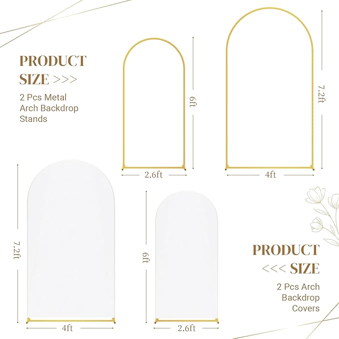Metal Arch Backdrop Stand and Cover Set of 2, Sturdy 7.2FT, 6FT Party Backdrop Set, Wedding Arch Frame and Cover Set for Birthday, Baby Shower,Christmas, Anniversary