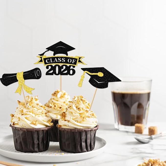 2026 Graduation Cupcake Toppers, 36 pack Gold Glitter Class of 2026 Congrats Grad Diploma Graduation Cap Cupcake Picks for 2026 Graduation Party decorating Supplies