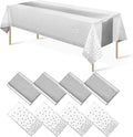 8Pack Disposable Plastic Tablecloths and Satin Table Runner Set White and Silver Dot Tablecloth Silver Satin Table Runner for Wedding Birthday Baby Shower Anniversary Christmas New Year Party Supplies