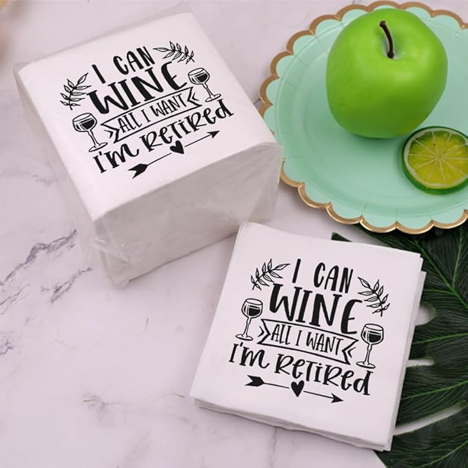 Retirement Cocktail Napkins Party Napkins Beverage Napkins Bar Napkins Disposable Paper Novelty Humorous Gag Gift 100Pcs 4.5 x 4.5 21-ply (I Can Wine All I Want I'm Retired)