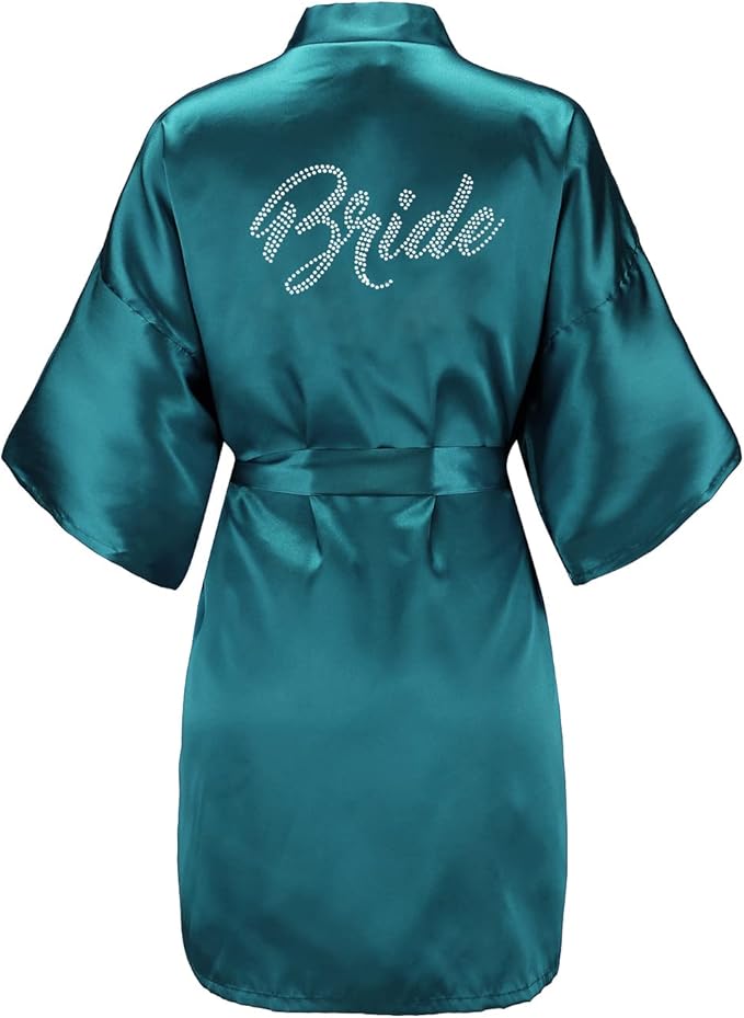 EPLAZA Women's One Size Silver Rhinestones Bride Bridesmaid Short Satin Robes for Wedding Party Getting Ready