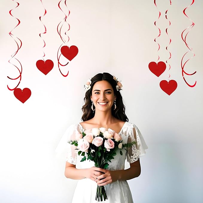 Red Heart Party Streamers Set, 20 PCS Single & Double Swirl Decorations with Foil Hearts - 35.5 Inch Hanging Decor for Valentine's Day, Weddings & Anniversary Parties