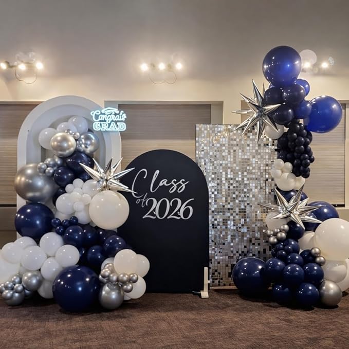 Blue Silver Balloon Garland Arch Kit, Navy Blue White Balloon Arch Kit, Metallic Silver Confetti Balloons Star Foil Balloons for Graduation Birthday Wedding Baby Shower Eid Ramadan Party Decorations