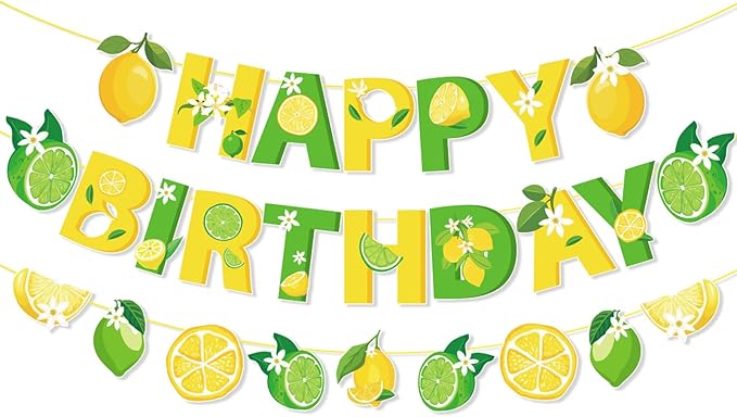 Zwiebeco Green Yellow Lemon Happy Birthday Party Decoration Banner Bunting Garland Hanging Paper for Boys Girls Women Kids Adults Summer Fruit Themed Party Decor Accessories Supplies