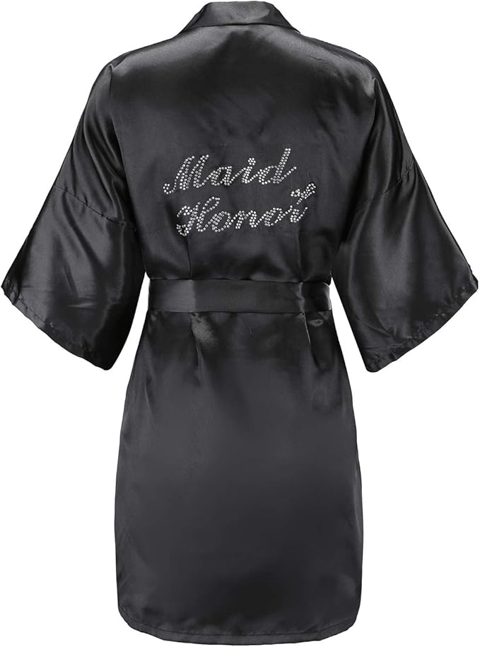 EPLAZA Women's One Size Silver Rhinestones Bride Bridesmaid Short Satin Robes for Wedding Party Getting Ready