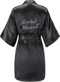 EPLAZA Women's One Size Silver Rhinestones Bride Bridesmaid Short Satin Robes for Wedding Party Getting Ready