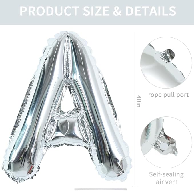 TONIFUL 40 Inch Large Silver Letter A Balloon - Foil Mylar Big Letter for 2026 New Year Eve Graduation Wedding Baby Shower Birthday Party Anniversary Supplies Decorations