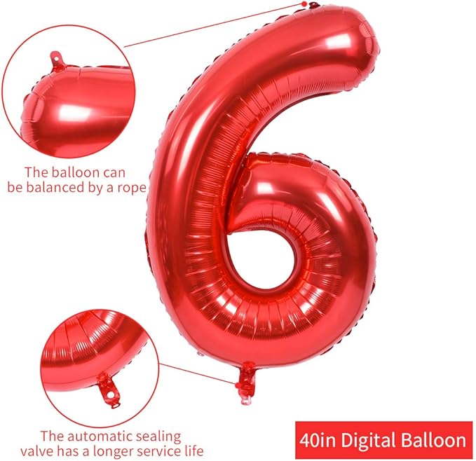 TONIFUL 40 Inch Red Large Numbers Balloons 0-9, Number 6 Digital 6 HeliumFoil Mylar Big Number Balloons for 2026 Mother's Day New Year Eve Graduation Valentine's Day Birthday Party Anniversary Party