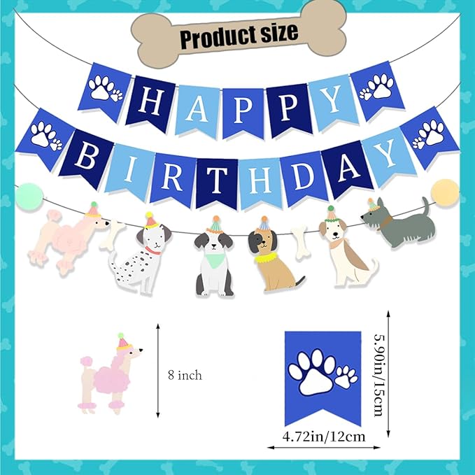 Dog Themed Puppy Paw Happy Birthday Banner for Boys Girls DIY Party Supplies (Colours+Blue)