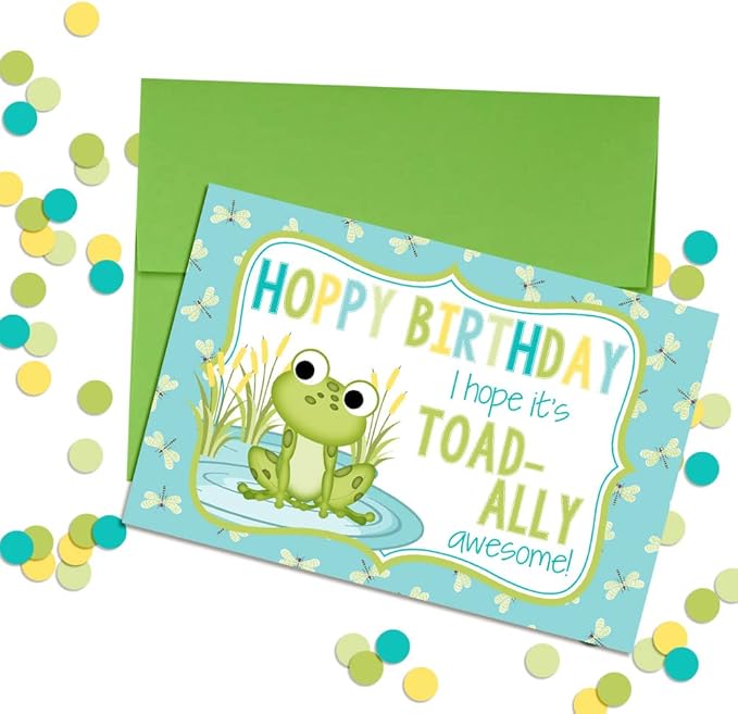 TOAD-ALLY Awesome Frog Birthday Pun Themed Single (1) All Occasion Blank Birthday Card To Send To Friends & Family, 4"x 6" (when folded) Fill In Greeting Note Card by AmandaCreation