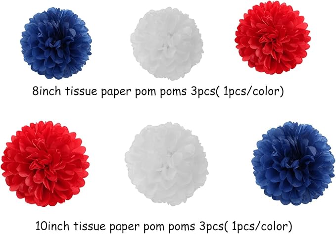 Fourth-4th of July Imemorial-Day Party-Decorations - 8pcs Red White Blue Patriotic Banner Hanging USA Garland Streamers, Paper Tissue Pom Poms Flowers,America Independence Day Decor Lasting Surprise
