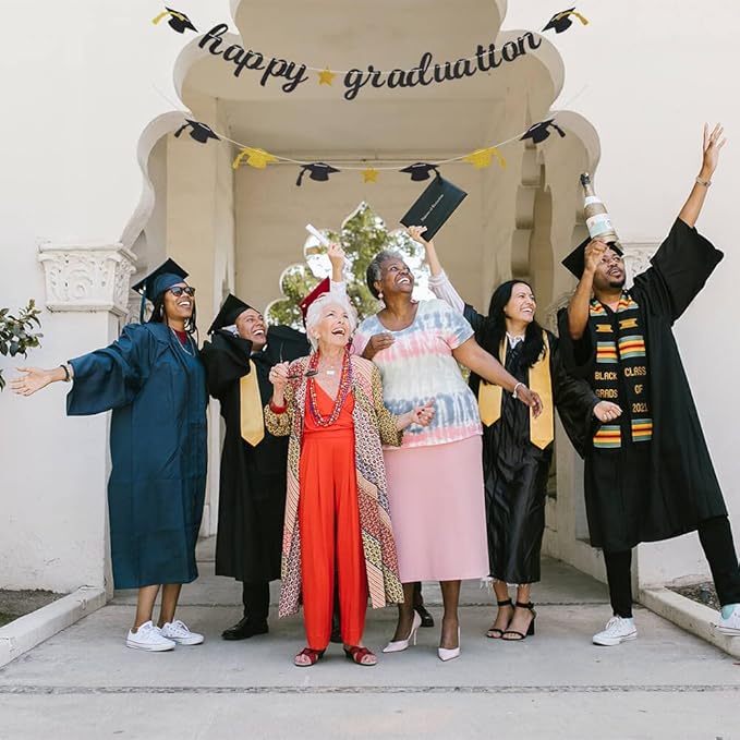 Happy Graduation Glitter Banner Graduation Congratulations Party Decorations Black Gold
