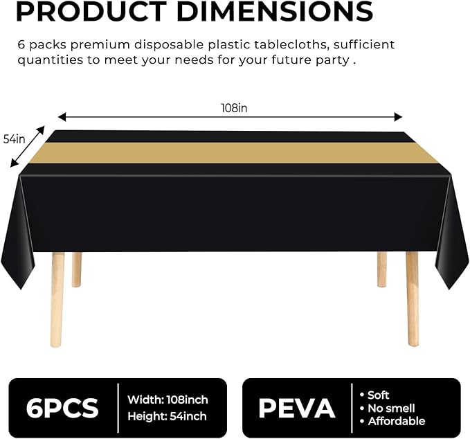 6 Pack Premium Disposable Plastic Tablecloth 54" x 108" Party Table Cloths Disposable for 6 to 8 Foot Tables Indoor or Outdoor Birthdays Weddings Christmas Anniversary Buffet Table (Black and Gold)