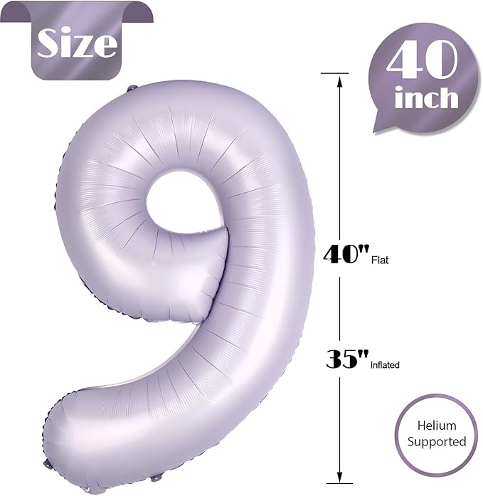 Lilac 9 Balloon, Number Balloons 40 Inch, Lavender 9th Giant Birthday Decorations for Girls, 19th 29th Party Decorations Supplies, Number 9 Balloon