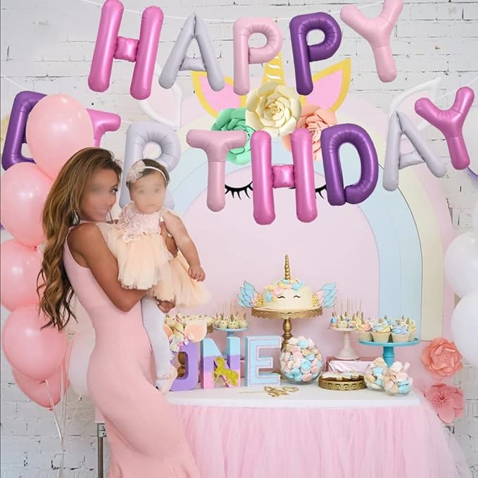 TONIFUL Happy Birthday Balloons Banner with Ribbon Straw, 16 Inch Mylar Foil Letters Birthday Sign Banner Balloon Bunting Reusable for Girls Boys Kids & Adults Birthday Supplies（Pink Purple）