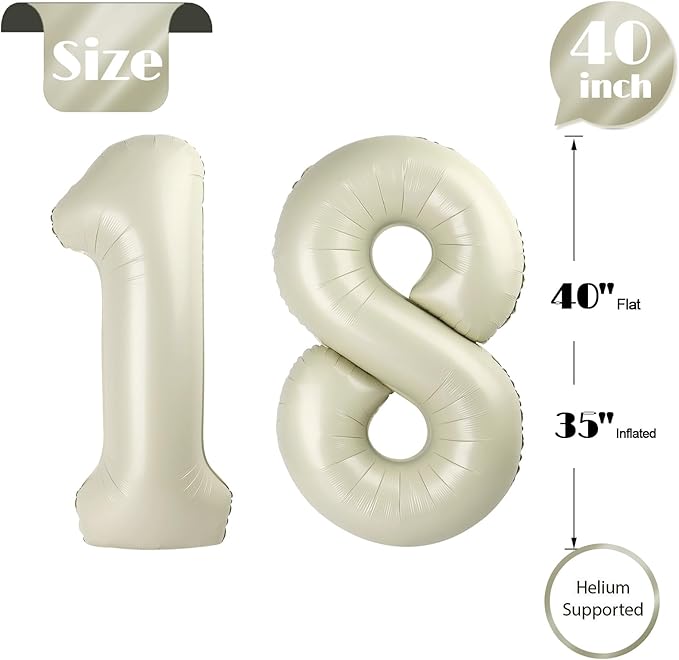 18 Balloon Number, Cream Number 18th Birthday Balloons 40 Inch, 18 Years Old Cream Birthday Decorations for Boys Girls, 18th Anniversary Decorations